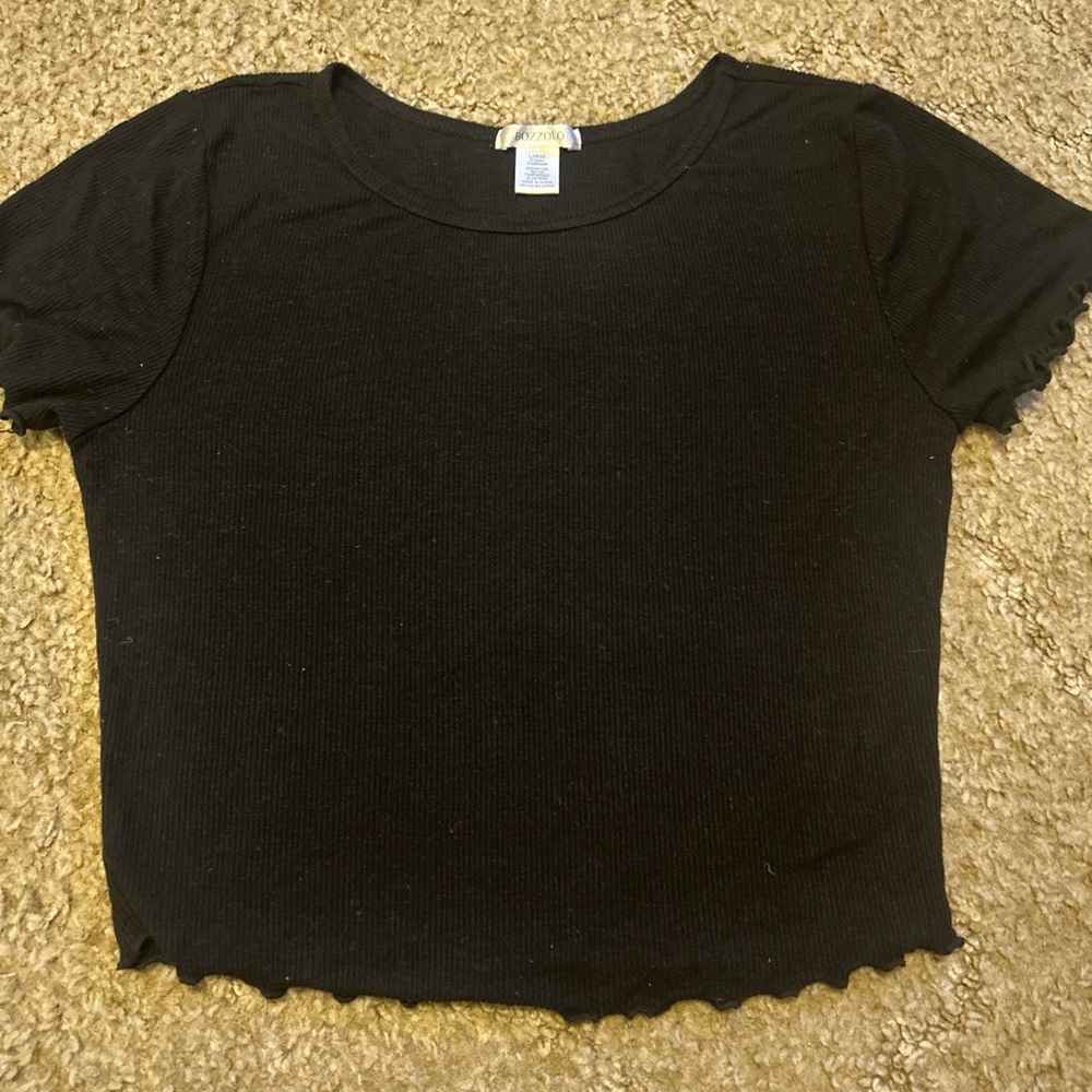Bozzolo Black Ribbed Crop Top with Ruffled Hem